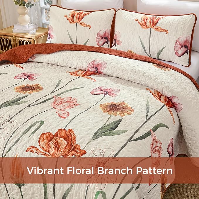 WONGS BEDDING Thanksgiving Quilt Set Queen, Shabby Chic Terracotta Cream Floral - Image 8