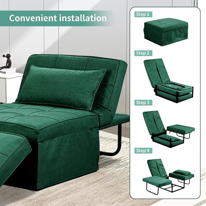 Green Sofa Bed, Convertible Chair 4 in 1 Multi-Function Modern Folding Ottoman - Image 6