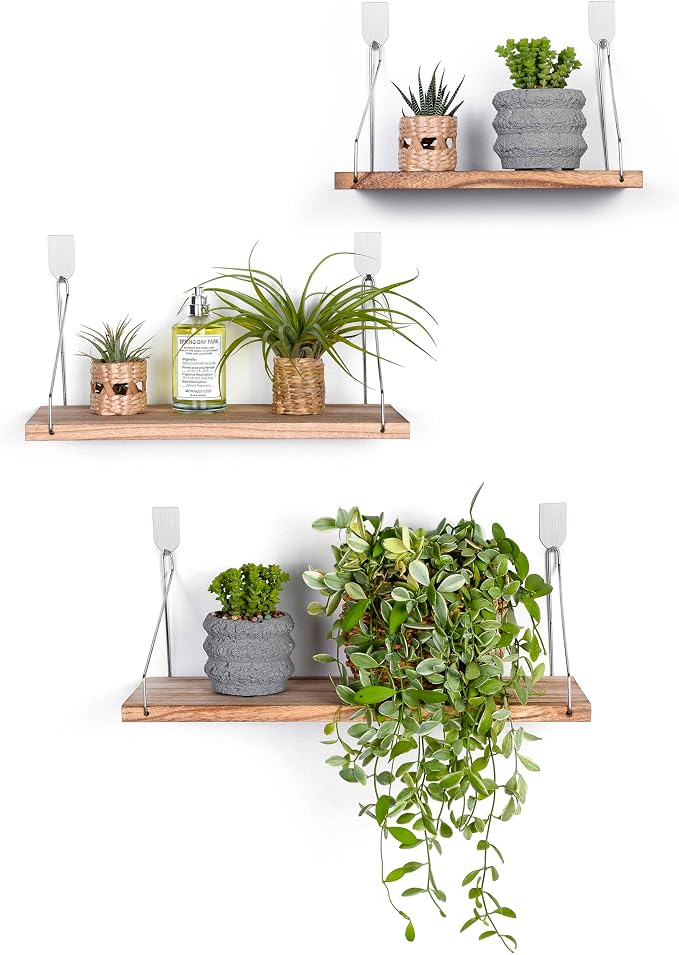 Floating Wall Shelves, Rustic Wood Wall Mounted Shelf Set of 3 | No Drill - Image 8