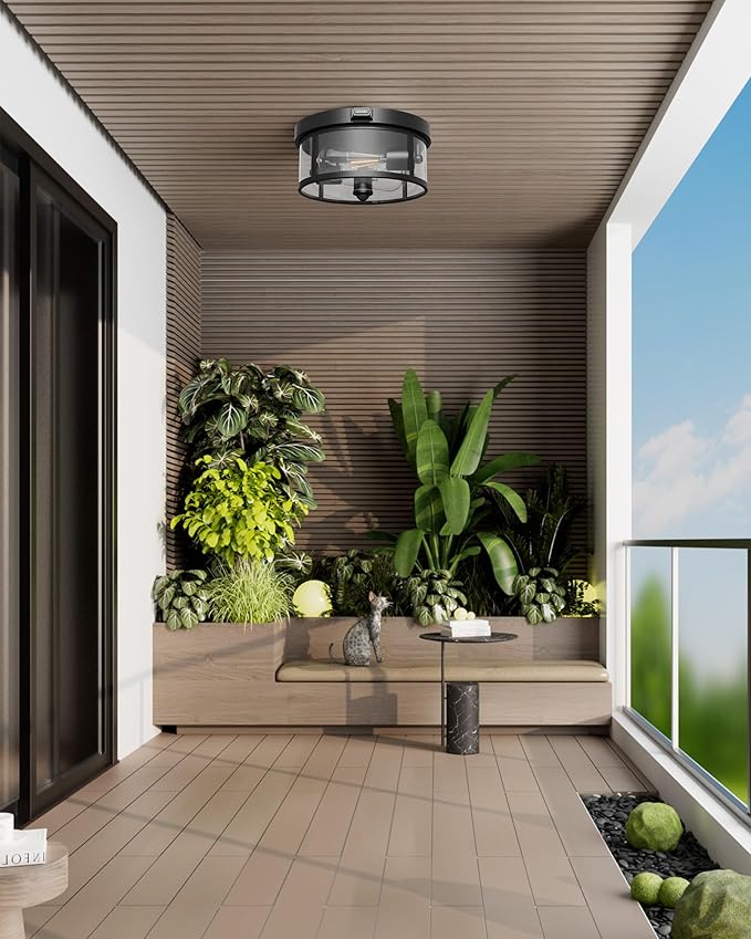 2Pack Outdoor Ceiling Light with Motion Sensor 9.3in - Porch Lights Outdoor, E26 Base, Flush Mount, 360° Detection, 3 Modes (Auto/Dusk to Dawn/Always-on), Farmhouse Ceiling Light for Porch, Entryway