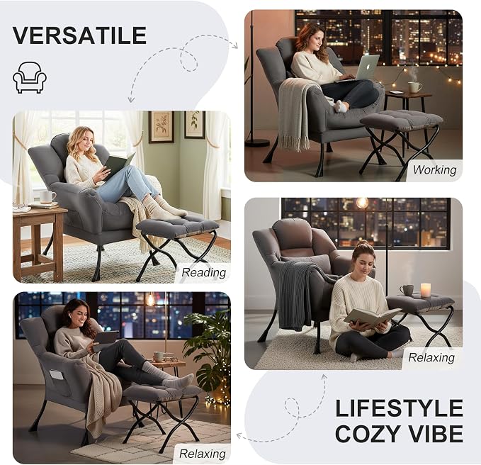 Furlide Lazy Chair with Ottoman, Comfy Fabric Accent Lounge Arm Chair with - Image 5