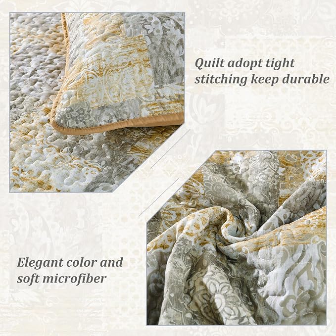 Mybedsoul Yellow Boho Quilt Set King Size 3 Pieces Grey and Yellow Plaid Floral - Image 4
