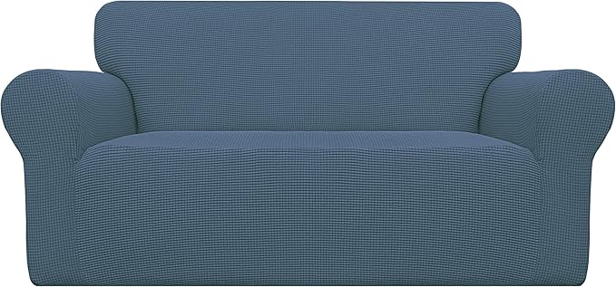 Easy-Going Stretch Loveseat Slipcover 1-Piece Sofa Cover Furniture Protector Couch Soft with Elastic Bottom for Kids Polyester Spandex Jacquard Fabric Small Checks (Loveseat, Bluestone)