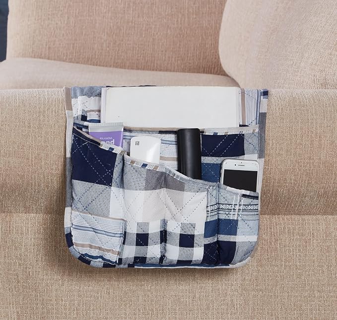 Brilliant Sunshine Blue Plaids & Stripes Couch Armrest Cover, Armrest Organizer by BrilliantSunshine