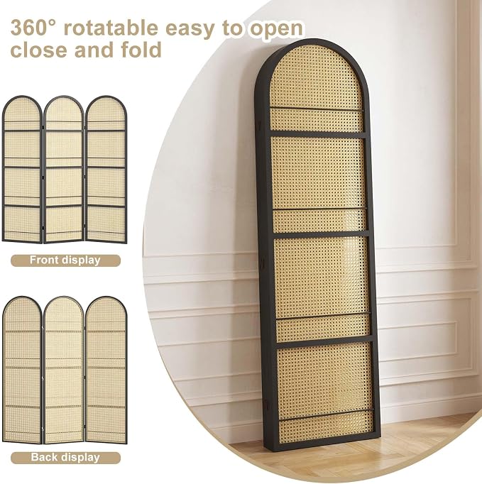 Rattan Room Divider with Built-in Bookshelf | Foldable Privacy Screen & - Image 4