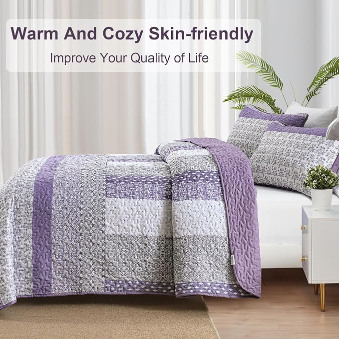 WONGS BEDDING Purple King Quilt Bedding Set, Bohemian Stripe Bedspread | - Image 4
