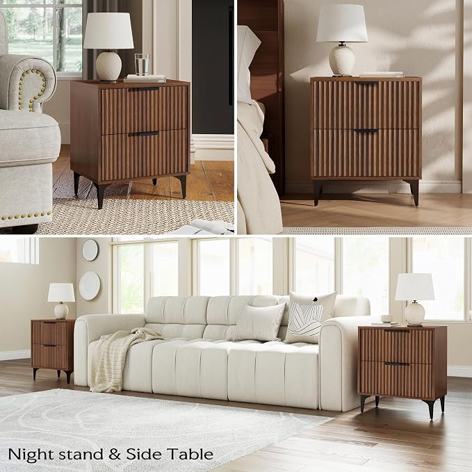 Walnut Fluted Nightstand Set of 2, Modern Night Stands - Image 5