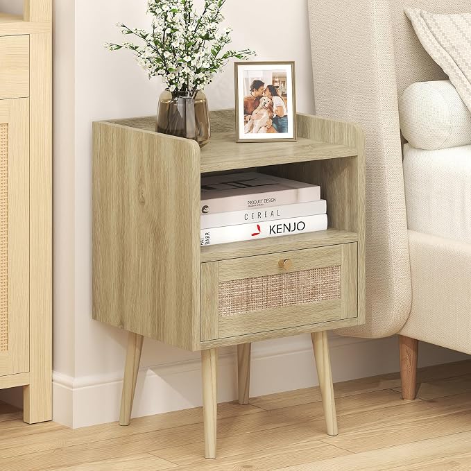 MECHYIN Night Stand with Charging Station & Rattan Decor Drawer, Boho Bedside - Image 2