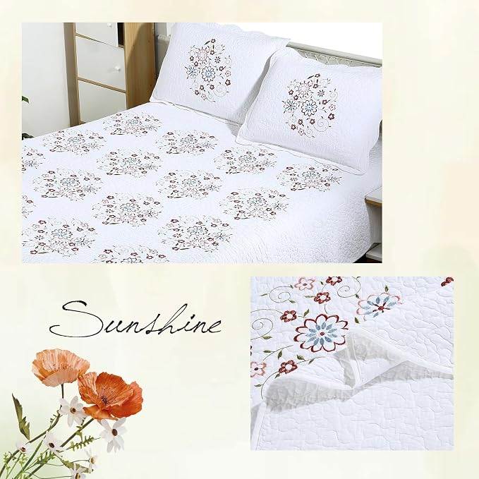 ROOMLIFE Quilt Set Full Size 3D Floral Embroidery Pattern 3-Piece Cotton - Image 5