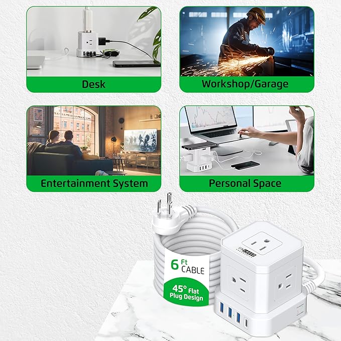 Cube Power Strips with Surge Protection, 6ft Extension Cord with Multiple Outlets, 5 Ac Plugs, 3 USB, 1 Usbc Fast Charging Power Strip with USB Ports, Mountable On/Off Switch Charging Station