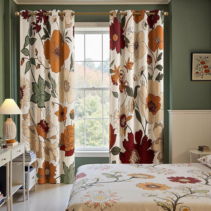 jinchan Beige Boho Floral Blackout Curtains 96 Inch Grommet 2 Panels | Room - Image 2