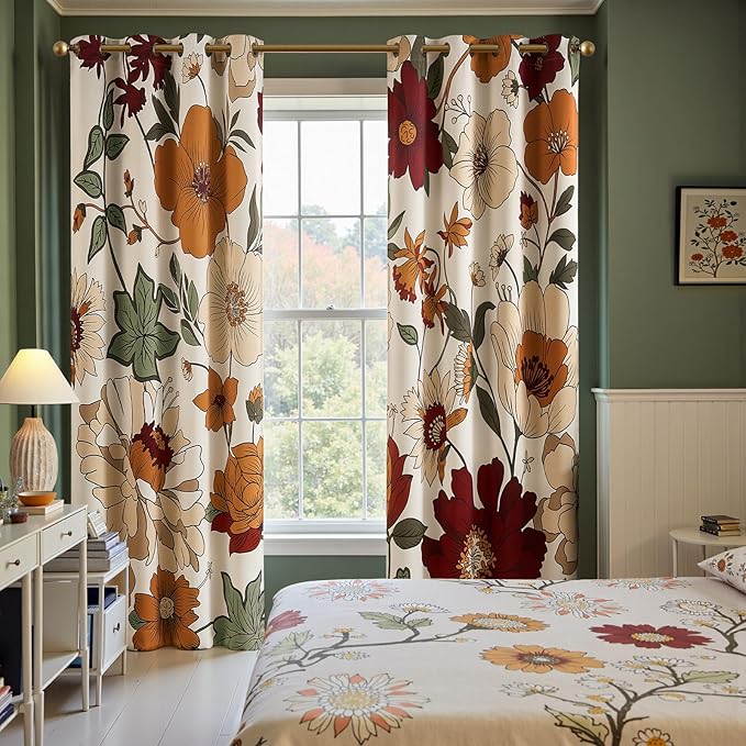 jinchan Beige Boho Floral Blackout Curtains 90 Inch Grommet 2 Panels | Room - Image 2