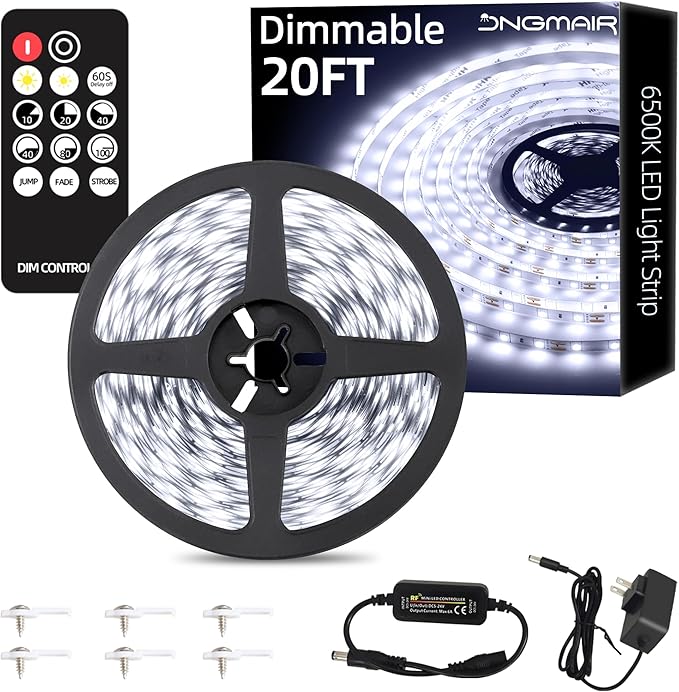 JNGMAIR 20ft LED Strip Lights with Remote, 6500K Daylight White Dimmable Tape Lights, 12V 360 LEDs 2835 Strong Adhesive Rope Lights for Cabinet Kitchen Ceiling Closet Vanity Mirror Stairway Basement