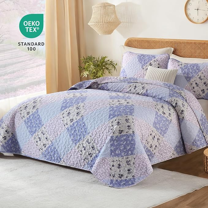 Dinjoy Boho Quilt Set King Size, Patchwork Floral Bedspreads, Lavender | - Image 2