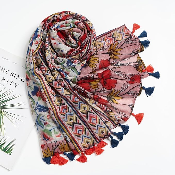 Scarf for Women Lightweight Soft Floral Leopard Printed Scarves Fall Winter Fashion Shawl Wrap with Fringe