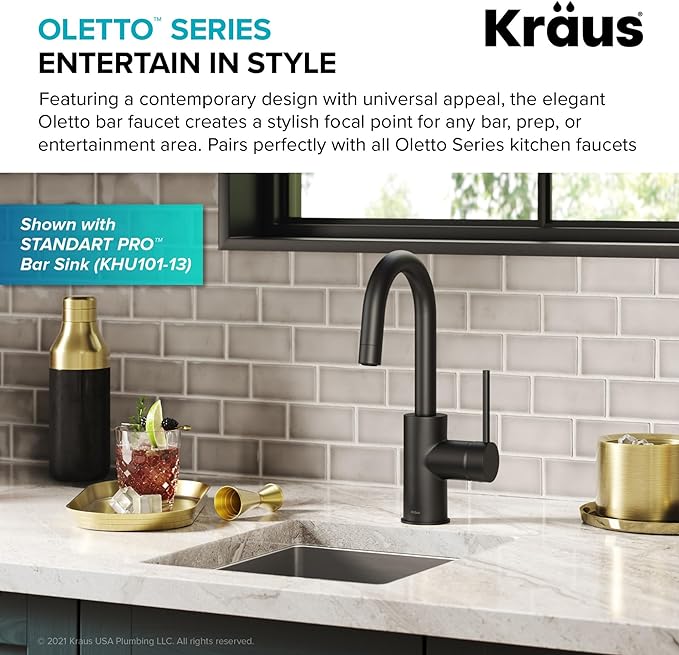 KRAUS Oletto Single Handle Kitchen Bar Faucet with QuickDock Top Mount Installation Assembly in Matte Black, KPF-2600MB