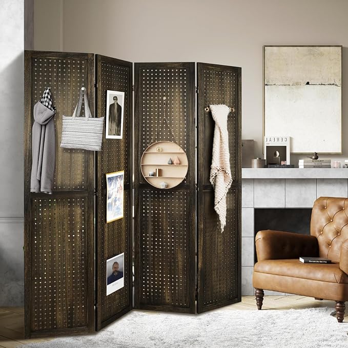 4 Panel Pegboard Room Divider | Brown Wood Folding Privacy Screen - Image 9