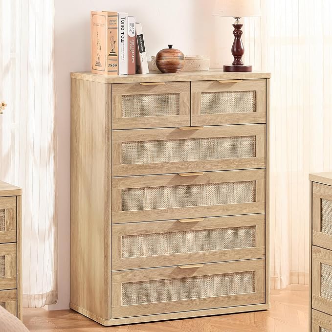 LEYAOYAO Rattan Dresser for Bedroom Set 2, Oak Modern 6 Drawers Boho Dressers - Image 4