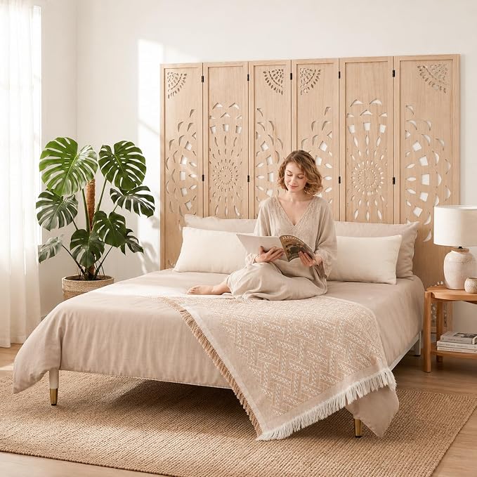 6 Panel Room dividers, 66.9" Boho Double-Sided Carved Screen, Natural | - Image 2