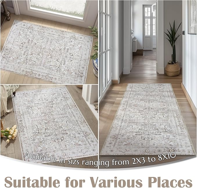 jinchan Lima Hallway Runner Rug 3x8 Washable - Vintage Floral Non Slip Low-Pile Soft Ultra-Thin Faux Wool Kitchen Rug Distressed Carpet Runner for Farmhouse Bedroom Laundry (3x8ft, Taupe)