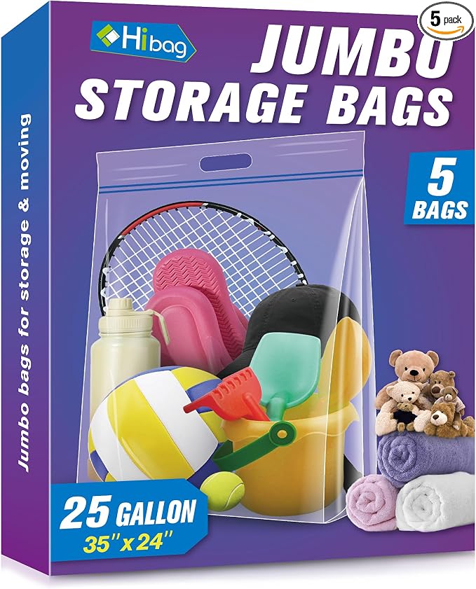 HIBAG 25 Gallon Jumbo Storage Bags, 35” x 24” Resealable Clear Bags by HIBAG