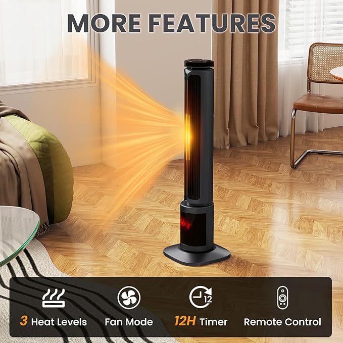 Zynkez 34.5" Space Heaters for Indoor Use Large Room, 1500W PTC Tower Fireplace Heater with 3D Flame, Room Heater w/Remote Control,12H Timer & Oscillation, Portable Electric Heaters for Bedroom, Grey