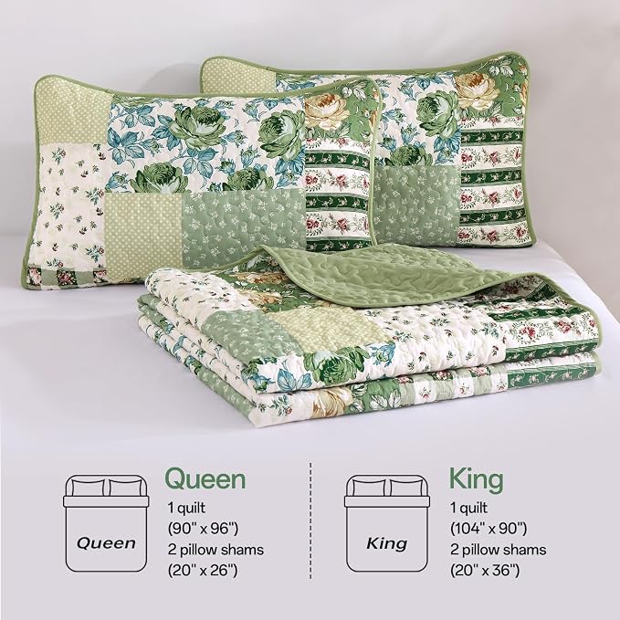 Anibedding Patchwork Quilt Set King Size, Sage Green Floral Plaid Bedspread | 3 - Image 8
