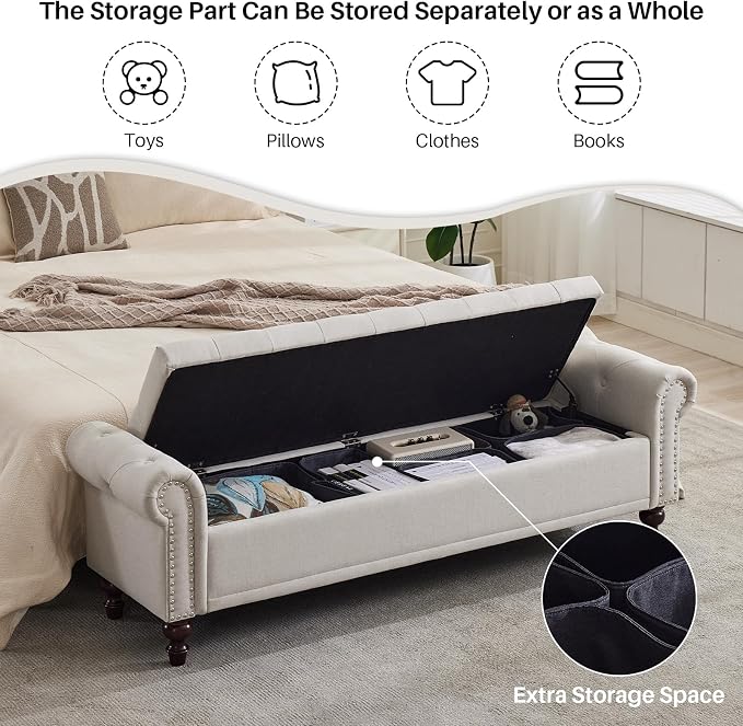SOFTHION 67" Storage Bench for Bedroom, Linen Upholstered - Image 6
