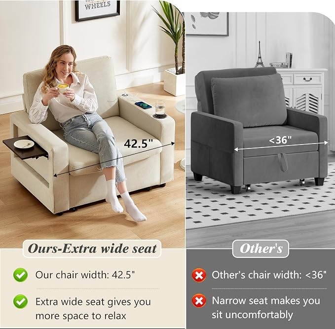 WEUP 3-in-1 Sleeper Sofa Chair Bed, 42.5" W Convertible Sleeper Chair - Image 5