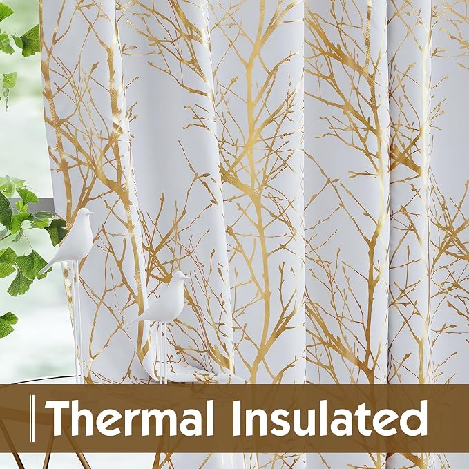 FMFUNCTEX 100% Blackout Ivory Gold Foil Tree Curtains 96 Inch Long 2 Panels | - Image 5