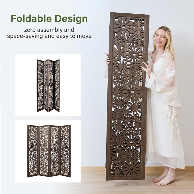 Folding Wood Room Divider Panel, 5.6 FT Tall Daisy-Carved Privacy Screen - Image 3