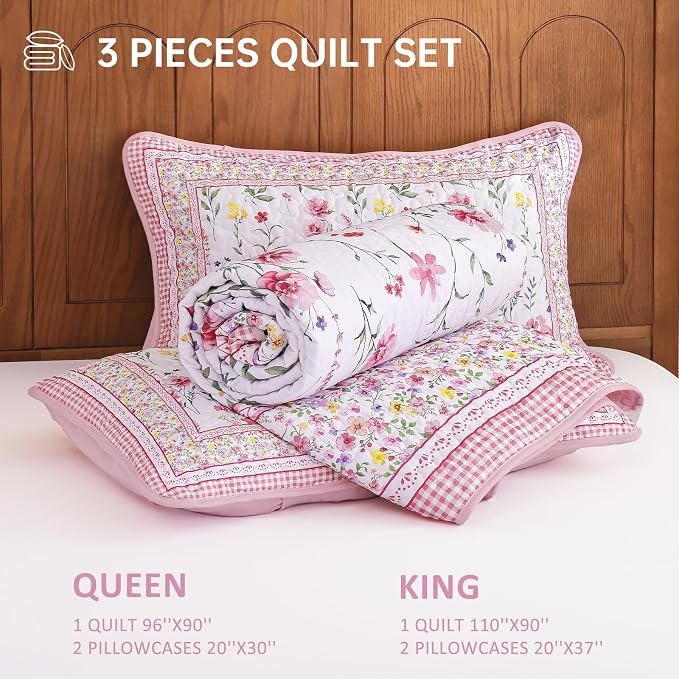 WONGS BEDDING Floral Quilt Set King, Microfiber Lightweight Farmhouse Bed Cover - Image 7