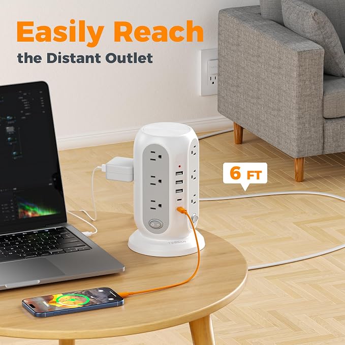 TESSAN Tower Power Strip Surge Protector, Flat Extension Cord 6 Ft, 5 USB Ports - Image 2