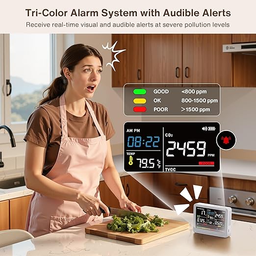 16 in 1 Air Quality Monitor Indoor 10h Battery & 5.5" Display 9 AQI+7 AQI Alerts, CO2 Monitor Air Quality Tester for CO2, TVOC, PM2.5 PM1.0 PM10, HCHO Temperature Humidity AQI & Time Air Quality Meter