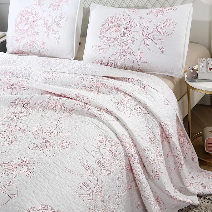 ROOMLIFE Quilt Set King Size 3D Floral Embroidery Pattern 3-Piece Cotton - Image 3
