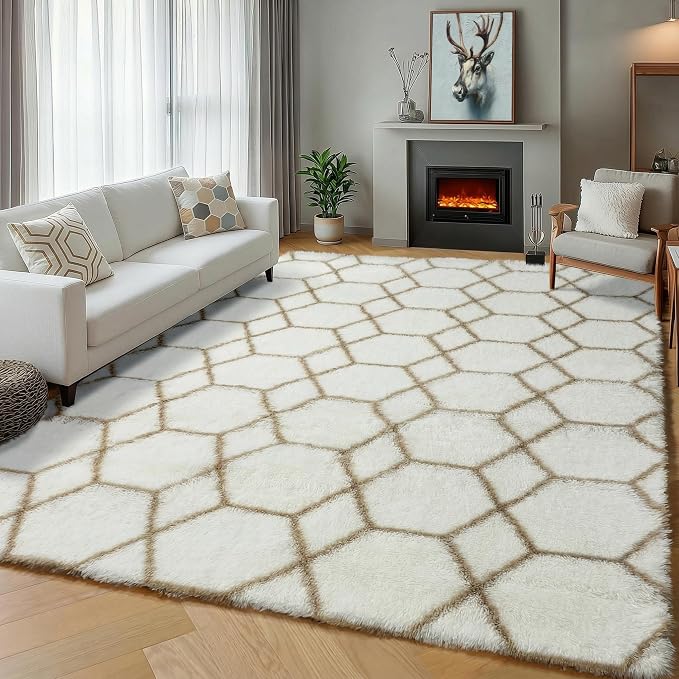 8x10 Area Rugs for Living Room, Fluffy White and Beige Bedroom Rug, Geometric - Image 7