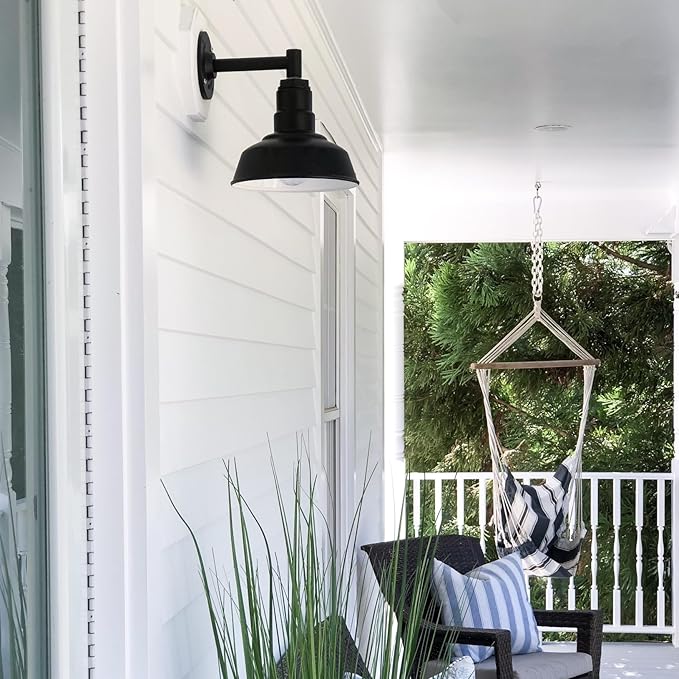 Steel Lighting Co. Hawthorne Barn Light | Outdoor Wall Mounted | 8 inch Dome | 6 inch Straight Arm| Small Farmhouse Light Made in America | Matte Black Exterior/Brass Interior
