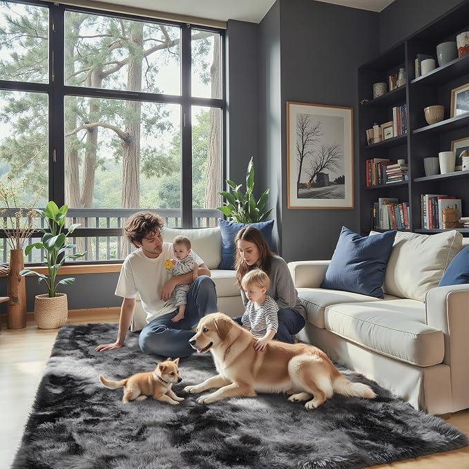 Area Rugs 9x12 Living Room, Dark Grey Tie-Dyed Large Shaggy Plush Carpet | Soft - Image 7