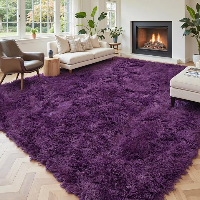 Area Rugs 9x12 Living Room, Grape Purple Large Shaggy Plush Carpet | Soft Furry by Junhejiamei