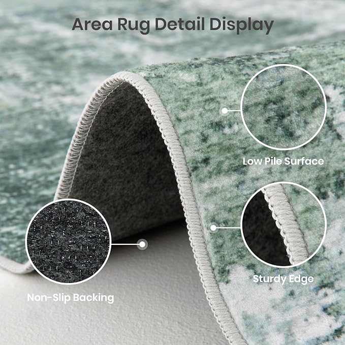 4x6 Area Rug, Abstract Small Washable Bedroom Rug, Sage Green | Soft & - Image 6