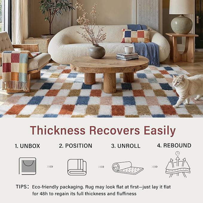 Checkered Area Rug 5x7 for Bedroom Soft Fluffy Shag Carpet | Machine Washable - Image 6