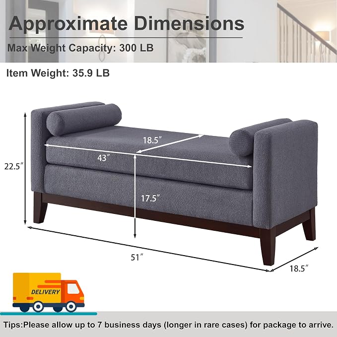 51" Full Size End of Bed Bench for Bedroom Living Room, Dark Grey. - Image 2