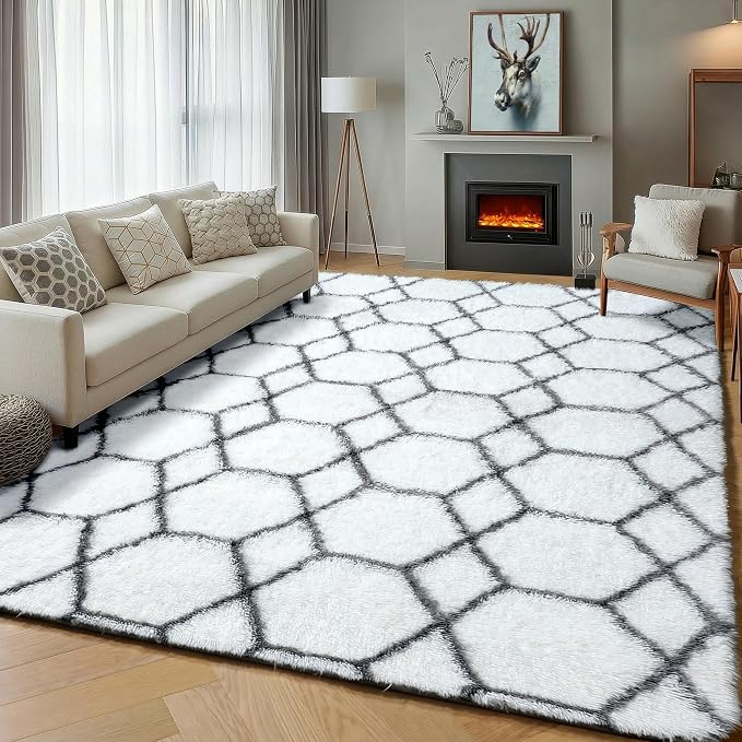 5x7 Area Rugs for Living Room Bedroom, Fluffy White and Grey Throw Rug - Image 5