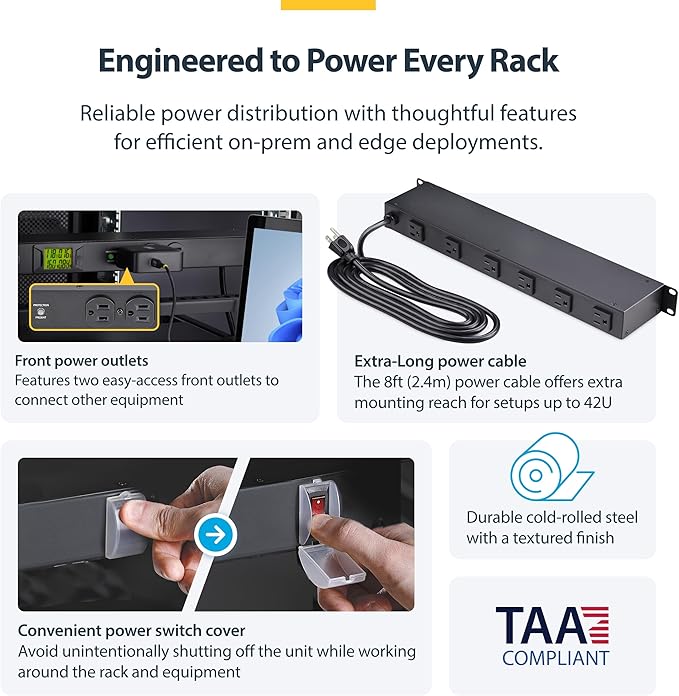 StarTech.com 8-Outlet Horizontal Rack Mount Metered PDU, 1U Server Power Strip w/Surge Protector, 8ft (2.4m) Power Cable, TAA