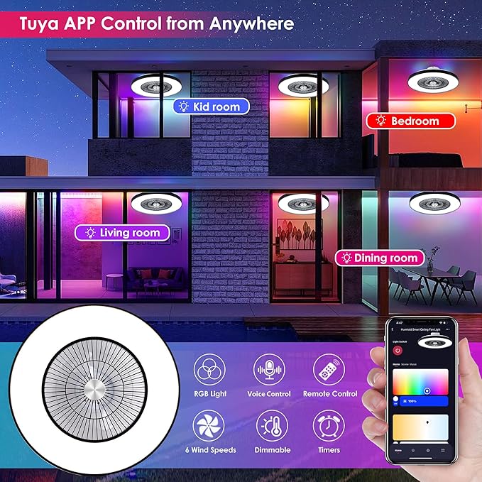 HUMHOLD 24" Bladeless Ceiling Fans with Lights and Remote/APP/Voice Control, Low Profile Ceiling Fan with RGB Lights, Enclosed Flush Mount Ceiling Fan for Kid's Bedroom/Living Room