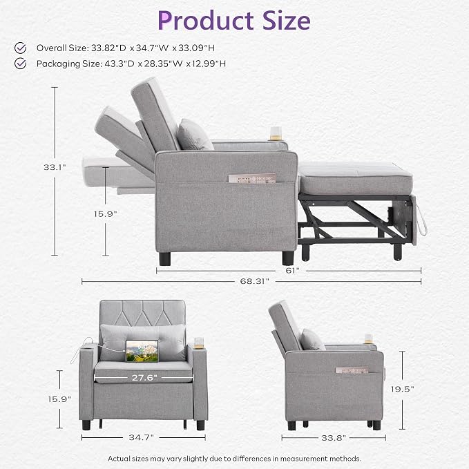 Convertible Sleeper Chair Bed for Adult, Single Pull Out Sofa, USB & Type-C - Image 3