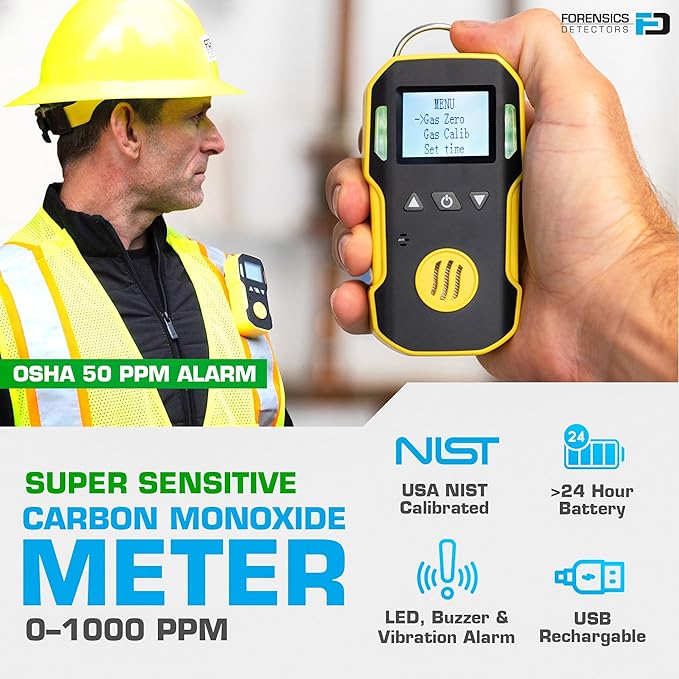 Carbon Monoxide CO Meter by Forensics | USA NIST Calibration | Dust & Explosion Proof | USB Recharge | Sound, Light and Vibration Alarms | 0-1000 ppm |