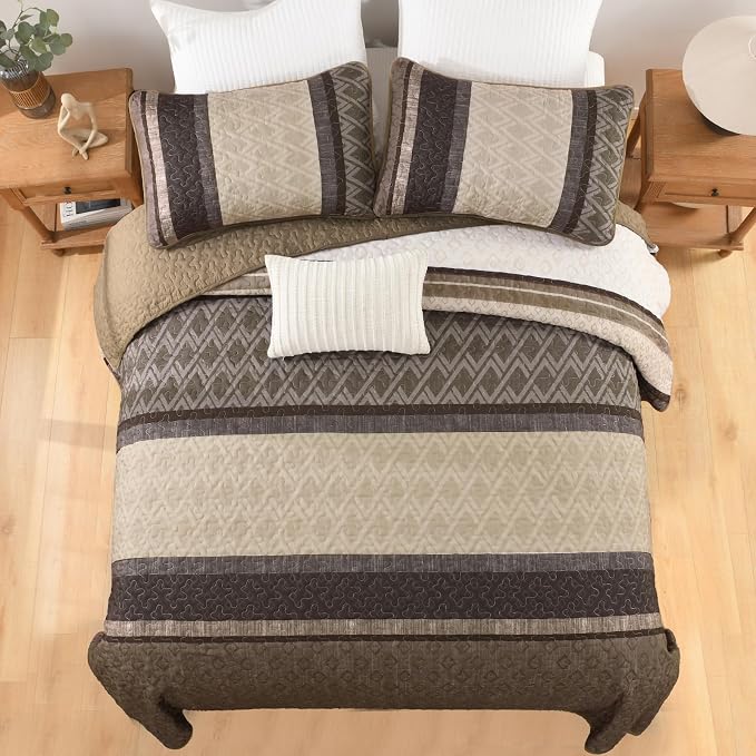 Dinjoy Boho Queen Quilt Set, Striped Bedspread Queen Size, Taupe | 3 Pieces - Image 8