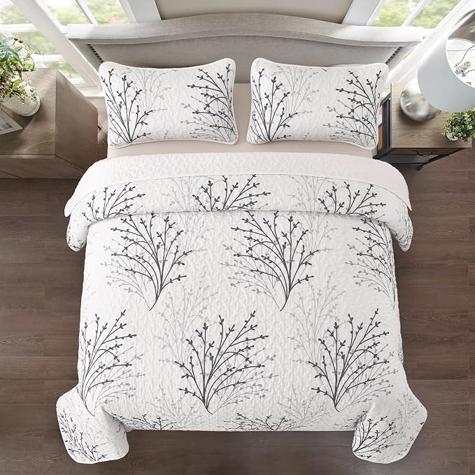 DJY White Quilt Set King Size Branch Botanical Bedspread Coverlet Set | 3 - Image 3