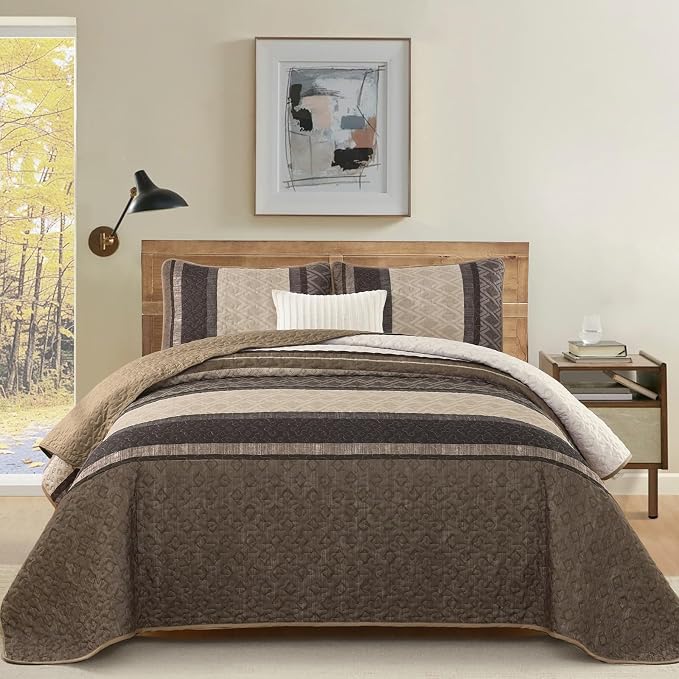 Dinjoy King Size Quilt Set Boho, Soft Striped Bedspreads, Taupe Brown | Bedding - Image 2